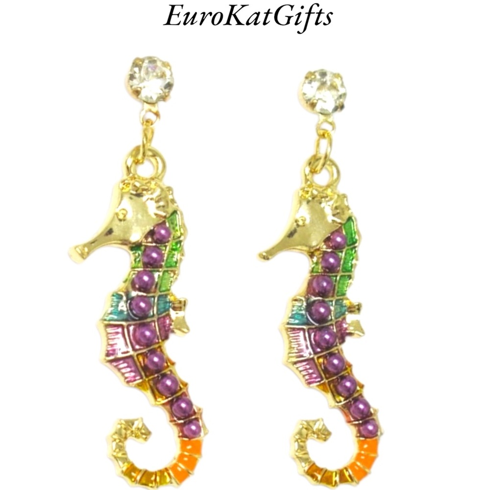 NEW Betsey Johnson Seahorse Pearl Crystal Enamel Earrings 1” Beach Bohemian NWT